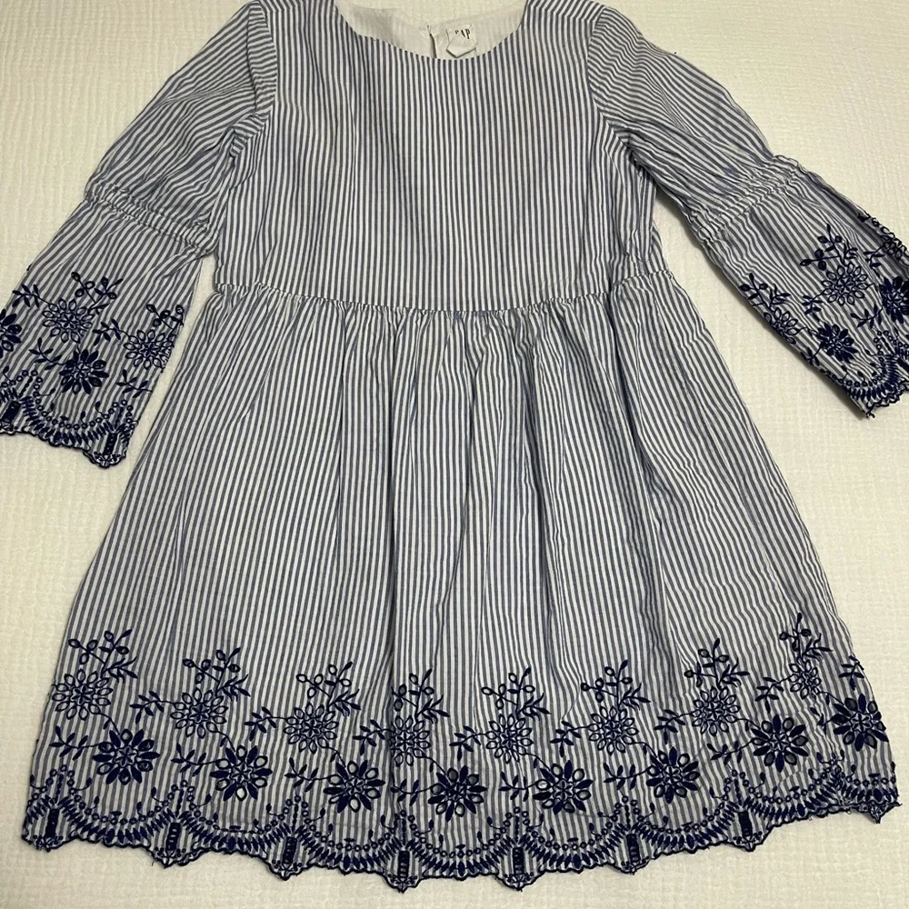 GAP Blue and White Striped Dress with Navy Embroidery